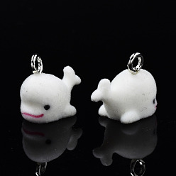 Medium Violet Red Flocky Resin Pendants, with Platinum Plated Iron Loops, Dolphin, Medium Violet Red, 15x17x10mm, Hole: 2.5mm