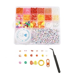 Оранжевый Сделай сам наборы для ключей, включая стеклянные бусины, бусины из АБС-пластика и полимерной глины, сплав застежка, эластичная нить, пинцет, оранжевые, 3x2 мм, отверстие : 1.2 мм