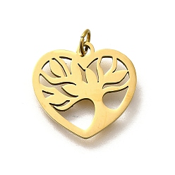 Настоящее золото 18K 304 прелести нержавеющей стали, с целью перехода в кольце, сердце с подвеской в виде дерева, лазерная резка, ионное покрытие (ip), реальный 18 k позолоченный, 14x15x1 мм, отверстие : 3 мм