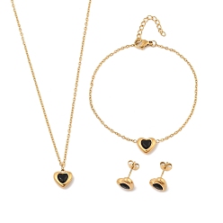 Черный Сердце 304 ожерелья, браслеты и серьги-гвоздики из нержавеющей стали с микропаве из кубического циркония для женщин, ионное покрытие (ip), золотые, чёрные, 7.48 дюйм (190 мм)