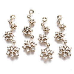 Clear Brass Micro Pave Cubic Zirconia Pendants for Christmas, Long-Lasting Plated, Snowflake, Light Gold, Clear, 34x10.5x3mm, Hole: 1.6mm
