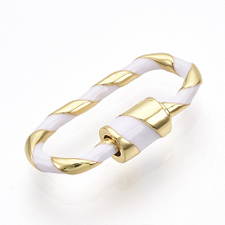White Brass Screw Carabiner Lock Charms, for Necklaces Making, with Enamel, Oval, Golden, White, 25x13x2.5~5mm