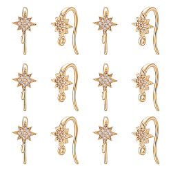 Real 18K Gold Plated 16Pcs Brass Micro Pave Clear Cubic Zirconia Star Earring Hooks, Real 18K Gold Plated, 16x8x7mm, Hole: 1.2mm, Pin: 1mm