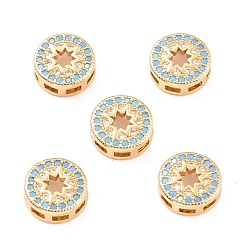 Настоящее золото 18K Латунные микро проложить кубического циркония многожильных ссылки, реальный 18 k позолоченный, плоские круглые со звездой, 9x3.5 мм, отверстие : 1x2 мм
