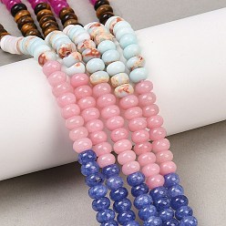 Смешанные камни Нити из натурального тигрового глаза, окрашенного белого нефрита, белой раковины и синтетического камня шоушань, рондель, разноцветные, 6x4 мм, отверстие : 1 мм, около 95 шт / нитка, 15.31'' (38.9 см)