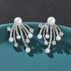 Платина Серьги-гвоздики из латуни с микропаве из кубических цирконий в стиле фейерверк, с пластиковой жемчужины, стойки покрытие, долговечный, без кадмия и без свинца, платина, 22.5x17 мм