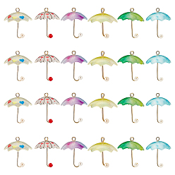 Mixed Color Acrylic Pendants, with Golden Plated Brass Loops and ABS Plastic Imitation Pearl, Umbrella, Mixed Color, 20~21x20x20mm, Hole: 1.6mm, 6 colors, 4pcs/color, 24pcs/box
