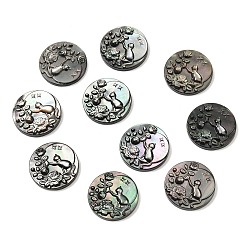 Cat Shape Натуральная черная ракушка для губ с резными кабошонами, плоско-круглые, форма кошки, 15x3 мм