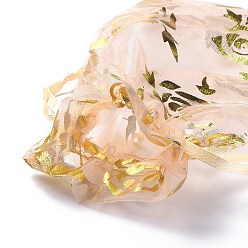 PeachPuff Organza Drawstring Jewelry Pouches, Wedding Party Gift Bags, Rectangle with Gold Stamping Rose Pattern, PeachPuff, 15x10x0.11cm