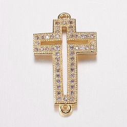 Golden Brass Micro Pave Cubic Zirconia Links, Clear, Cross, Golden, 23.5x14x2mm, Hole: 1mm
