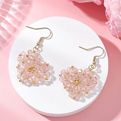 Розовый Сердце из стекла серьги болтаться, с крюком из нержавеющей стали 304, золотые, красные, 46.5x28.5 мм