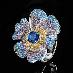 Синий Латунные микропаве кубические цирконии манжеты открытые кольца для женщин, цветок, платина, синие, размер США 4 1/4(15мм)~20мм