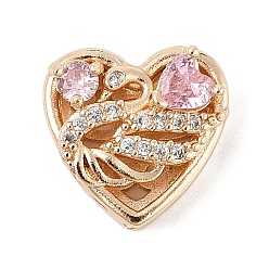 Бледно-Розовый Латунные микро проложить кубического циркония бусы, сердце с лебедем, без свинца и без кадмия, долговечный, розовый жемчуг, 13x13.5x6.5 мм, отверстие : 1.6 мм