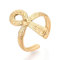 Настоящее золото 18K Крест анкх 304 компоненты открытого манжетного кольца из нержавеющей стали, ионное напыление (IP), установка кольца со стразами, реальный 18 k позолоченный, пригодный для стразов 2.5 мм, 24 мм, размер США 7 1/4 (17.5 мм)