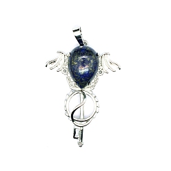 Lapis Lazuli Natural Lapis Lazuli Teardrop Pendants, Platinum Tone Brass Key Scepter Wing Charms, 45x35x9mm