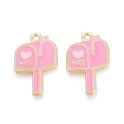 Pink Подвески из эмали и сплава, подвески для почтового ящика, золотые, без кадмия, без никеля и без свинца, розовые, 24x15x2.5 мм, отверстие : 1.8 мм