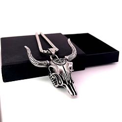 Нержавеющая Сталь Цвет Ожерелья с подвеской в виде черепа быка из нержавеющей стали в западном стиле для мужчин, цвет нержавеющей стали