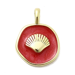 Красный Латунь эмаль подвески, плоский круглый в форме ракушки, стойки покрытие, долговечный, без кадмия и без свинца, реальный 18 k позолоченный, красные, 18x14x3 мм, отверстие : 3x2 мм