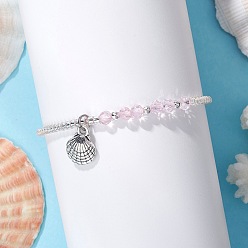 Лавандовый румянец Плетеные браслеты из стеклянных бусин, сплав браслеты с подвесками в форме ракушки, со стеклянными бусинами, лавандовый румянец, внутренний диаметр: 2 ~3-1/8 дюйм (5.15~8 см)