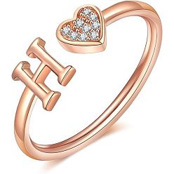 Letter H Регулируемые латунные кольца из манжеты из горного хрусталя, письмо и сердце, розовое золото , Письмо ч, внутренний диаметр: 15~20 мм