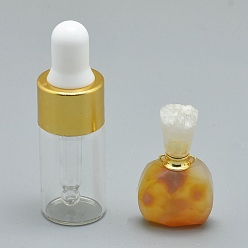Natural Agate Natural Agate Openable Perfume Bottle Pendants, with Brass Findings and Glass Essential Oil Bottles, 30~36x18~20x9.5~16mm, Hole: 0.8mm, Glass Bottle Capacity: 3ml(0.101 fl. oz), Gemstone Capacity: 1ml(0.03 fl. oz)