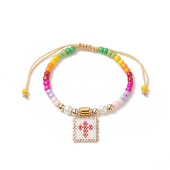 White Glass Seed Braided Bead Bracelet, Rectangle with Heart Charm Bracelet for Women, White, Inner Diameter: 2~3-1/8 inch(5~8cm)