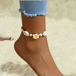 Белый Браслеты на ногу из ракушек каури и деревянных бусин, цветок, белые, 8-1/4 дюйм (210 мм)