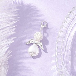 Белый Подвеска в форме сердца ангела из акрила и АБС-пластика с имитацией жемчуга, с цинковым сплавом застежками омаров коготь, белые, 43 мм