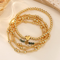 Золотой 5 Браслеты из латуни и натуральных бусин африканской бирюзы (яшмы) для женщин, эластичные., круг и сердечко с буквой С, золотые, регулируемый