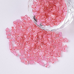 Pink 8/0 Two Cut Glass Seed Beads, Hexagon, Transparent Inside Colours Rainbow, Pink, 2.5~3x2.5mm, Hole: 0.9mm, about 15000pcs/bag