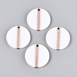 Белый Подвески из смолы и дерева, плоско-круглые, белые, 28.1x3.8 мм, отверстие : 2 мм