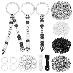 Football DIY Keychain Making Kits, Includ 24Pcs 304 Stainless Steel Split Key Rings, Opaque Plastic Beads, Nylon Cord, Satin Rattail Cord, Football, 11.5x11mm, Hole: 3.7mm