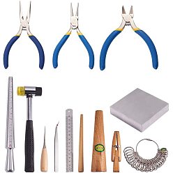 Mixed Color Jewelry Tools, Installable Two Way Rubber Hammers, Mallet, Gold Hammer Iron Anvil, Wooden Findings, Stainless Steel Rulers, 304 Stainless Steel Beading Tweezers and Jewelry Pliers, Mixed Color, 28x1.2~2.5cm, about 12pcs/set