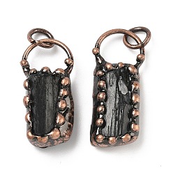Красная Медь Натуральные черные подвески турмалина, прямоугольные подвески с латунной фурнитурой, Красная медь, 35~39x16.5x8.5~10.5 мм, отверстие : 6 мм