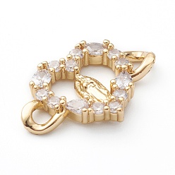 Real 18K Gold Plated Brass Micro Pave Clear Cubic Zirconia Links Connectors, Cadmium Free & Lead Free, Long-Lasting Plated, for Religion, Heart with Virgin Mary, Real 18K Gold Plated, 26x17x3.5mm, Hole: 3.5mm