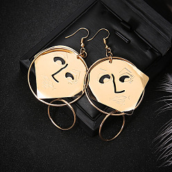 Golden Alloy Dangle Earrings for Women, Ring & Human Face, Golden, 87x42mm