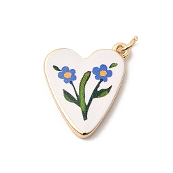 Сердце Латунные подвески с принтом, подвески с цветочным узором, золотые, с целью перехода в кольце, сердце, 21.5x18.5x3 мм, отверстие : 3 мм