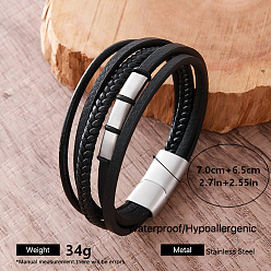 Stainless Steel Color Vintage European-style 304 Stainless Steel Multi-Strand PU Leather Cord Bracelets with Magnetic Clasps for Women and Men, Black, Stainless Steel Color, Inner Diameter: 2.76 inch(7cm)
