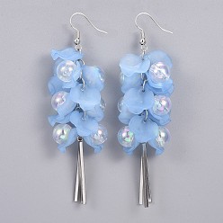 Light Sky Blue Eco-Friendly Transparent Acrylic Dangle Earrings, Cluster Earrings, with Frosted Transparent Acrylic Petal, 304 Stainless Steel Pendants and Brass Earring Hooks, Light Sky Blue, 92x25mm, Pin: 0.6mm