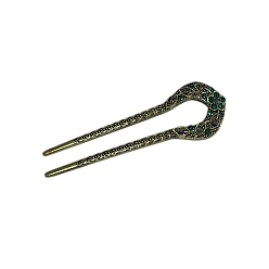 Indicolite Alloy Rhinestone Vintage Hair Forks, Hair Accessories for Woman Girls, U Shaped, Indicolite, 129x36mm