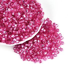 Темно-Розовый Бисер из стекла , серебряная линия, квадратный, темно-розовыми, 3~4x3x3 мм, отверстие : 1.2 мм, Около 6300 шт / фунт