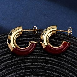 Коричневый Серьги-гвоздики в форме буквы С из латуни с эмалью, реальный 18 k позолоченный, коричневые, 24x8 мм