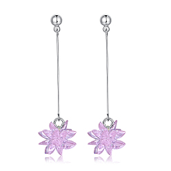 Pearl Pink Eco-Friendly Brass Micro Pave Cubic Zirconia Dangle Stud Earring, Cadmium Free & Lead Free & Nickel Free, Flower, Platinum, Pearl Pink, 46x13mm