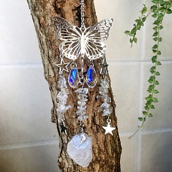 Хрусталь Металлические полые подвесные украшения в виде бабочек, Натуральный кварцевый кристалл и стеклянные каплевидные кисточки для ловли солнца для дома и улицы, 210~230 мм
