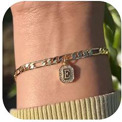 Letter E 304 браслеты с подвесками из нержавеющей стали и кристаллами горного хрусталя, браслеты-цепочки Фигаро для женщин, прямоугольник с буквой, золотые, Письмо E, 6-3/4 дюйм (17 см)