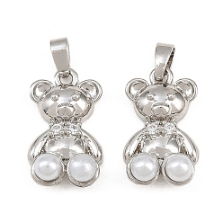 Platinum Brass Micro Pave Clear Cubic Zirconia Pendants, with ABS Imitation Pearl, Bear Charms, Platinum, 18x11x6mm, Hole: 5x2.5mm
