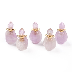 Amethyst Faceted Natural Amethyst Pendants, Openable Perfume Bottle, with Golden Tone Brass Findings, 32~33x17~18x16mm, Hole: 2mm, capacity: 1ml(0.03 fl. oz)