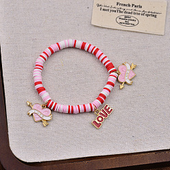 Разноцветный Браслеты с подвесками из цинкового сплава с эмалью ко Дню святого Валентина, Браслеты из полимерной глины, бусины хейши, эластичные для женщин, сердце со стрелой и слова любовь, красочный, внутренний диаметр: 2.72 дюйм (6.9 см)