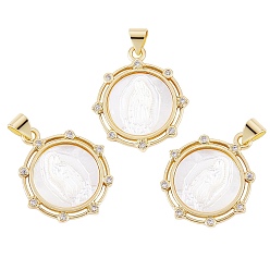 Floral White 3Pcs Eco-friendly Brass Micro Pave Clear Cubic Zirconia Pendants, with Natural Shell, Long-Lasting Plated, Real 18K Gold Plated, Cadmium Free & Lead Free, Flat Round, Floral White, 24.5x21x3mm, Hole: 4.5x3.6mm