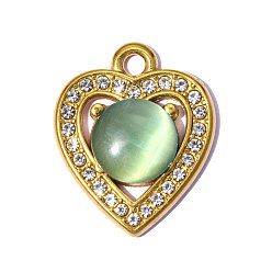 Зеленый 304 подвески из нержавеющей стали, с кошачий глаз, сердце прелести, зеркальная полировка, ионное покрытие (ip), реальный 18 k позолоченный, зелёные, 23x19 мм, отверстие : 2.4 мм